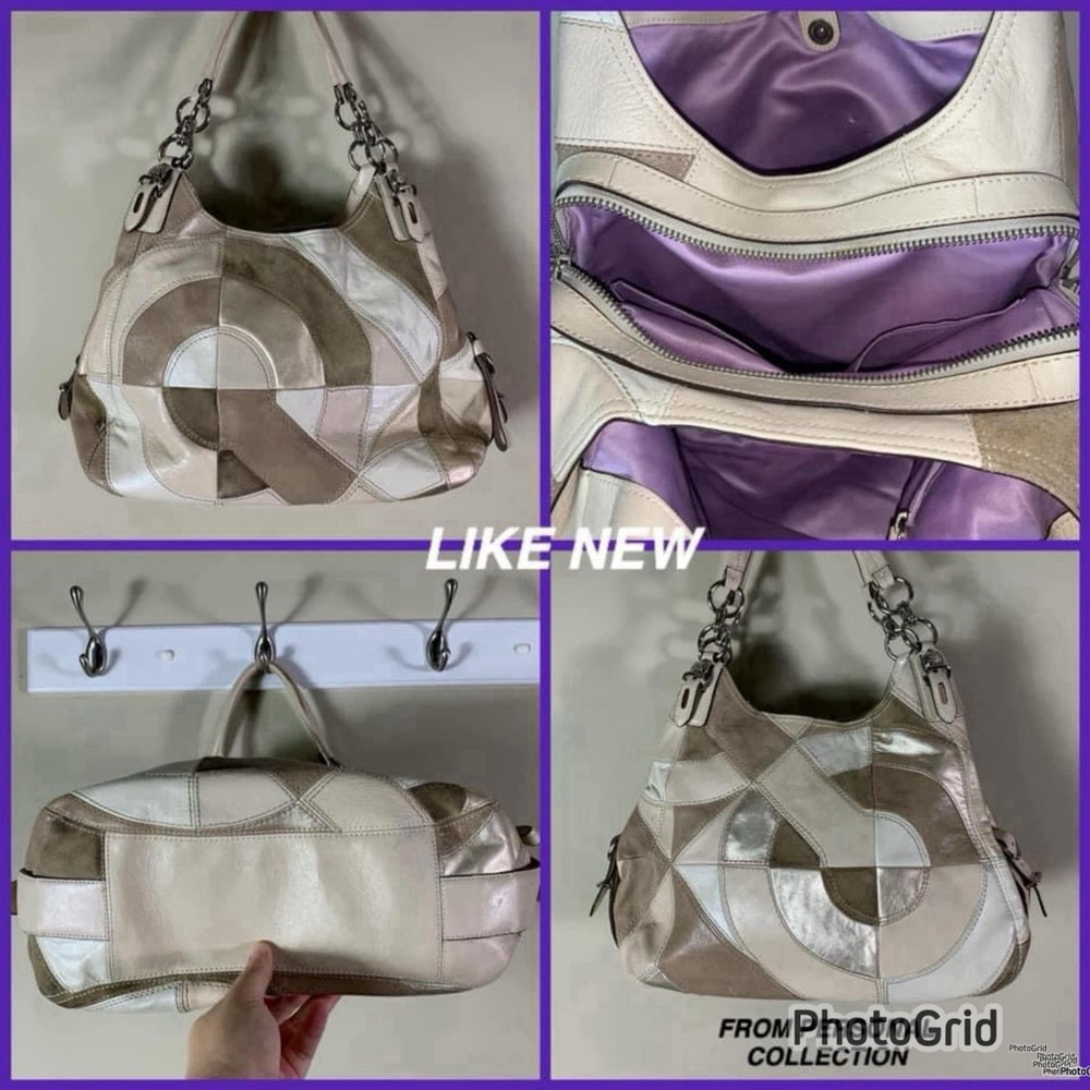 LIKE NEW WORN ONCE RARE LTD EDITION COACH INLAID PATCHWORK BAG WITH SUEDE/SATIN